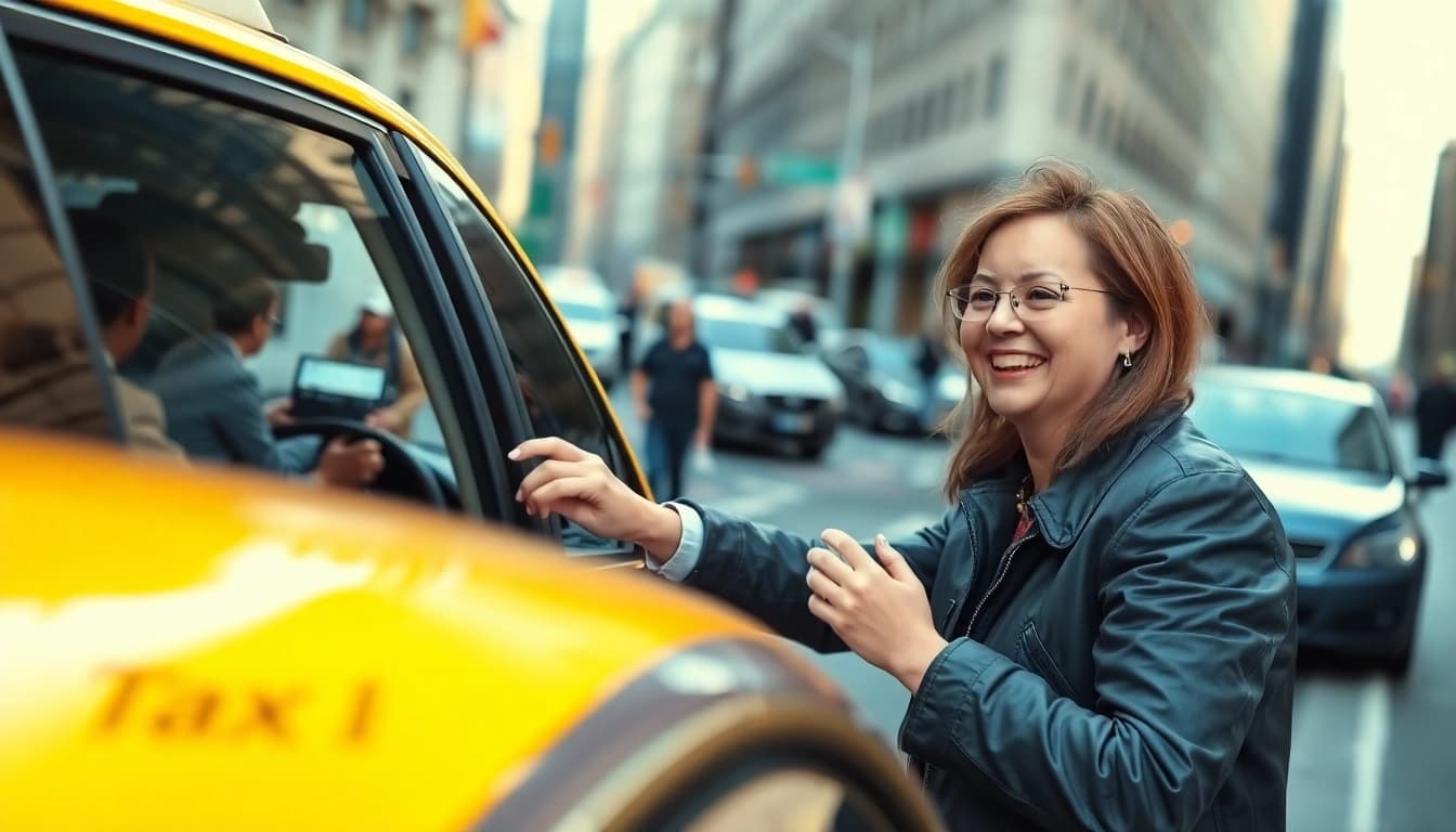 Taxi driver helping a passenger with their luggage in a bustling city.