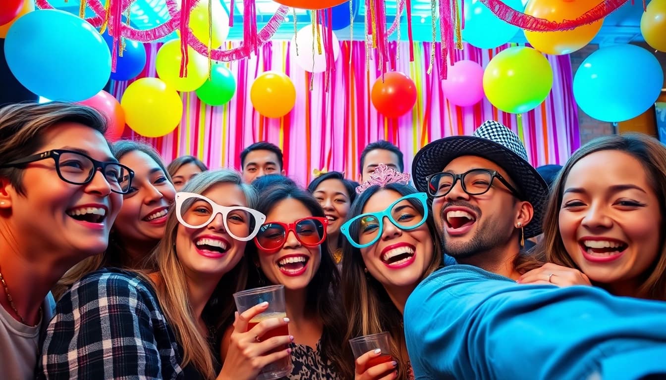 Guests enjoying a fun photo booth rental chicago experience with colorful decor and festive props.