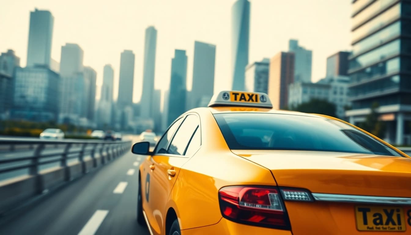Taxis driving through an urban environment, showcasing yellow vehicles against a city skyline.