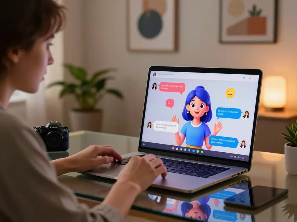 User engaging in a lively conversation with an AI character showcasing crush on ai in a modern home office.