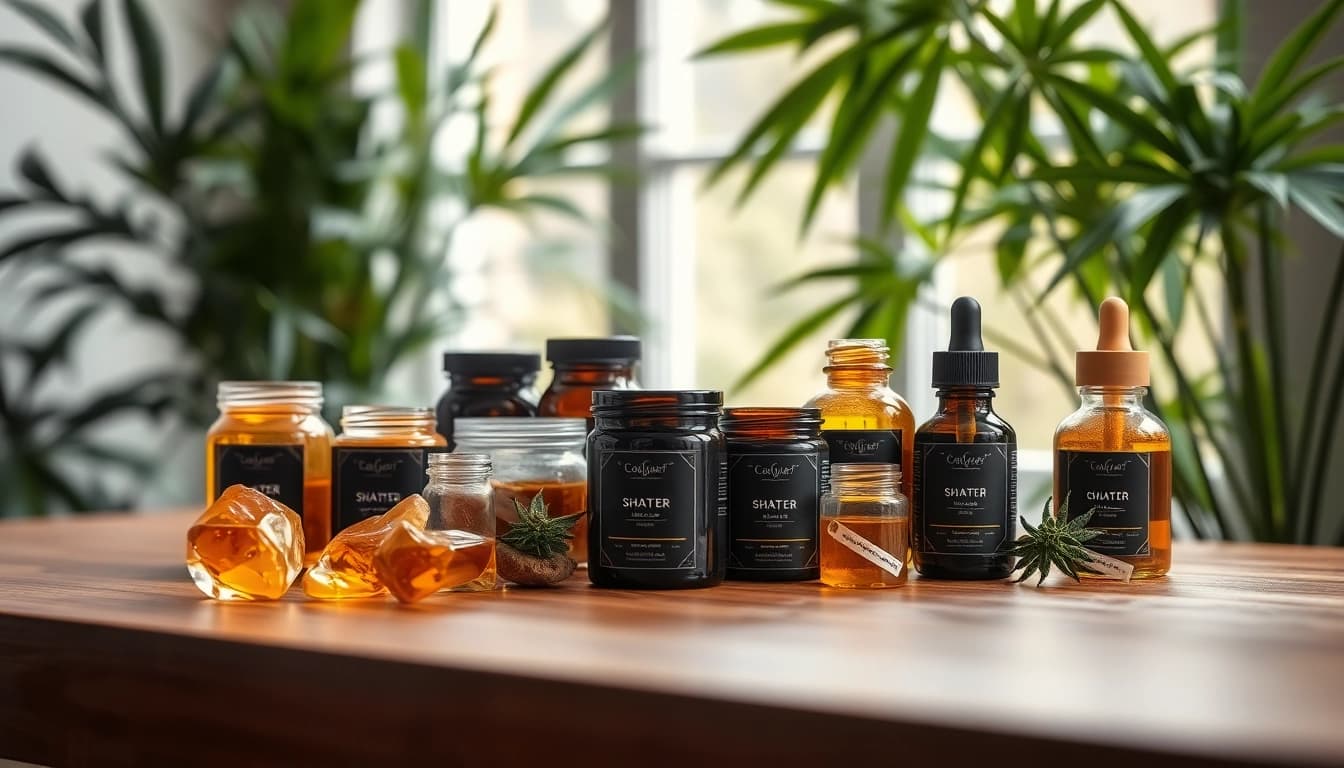 Buy Cannabis concentrates UK showcased beautifully on a wooden table with natural lighting.