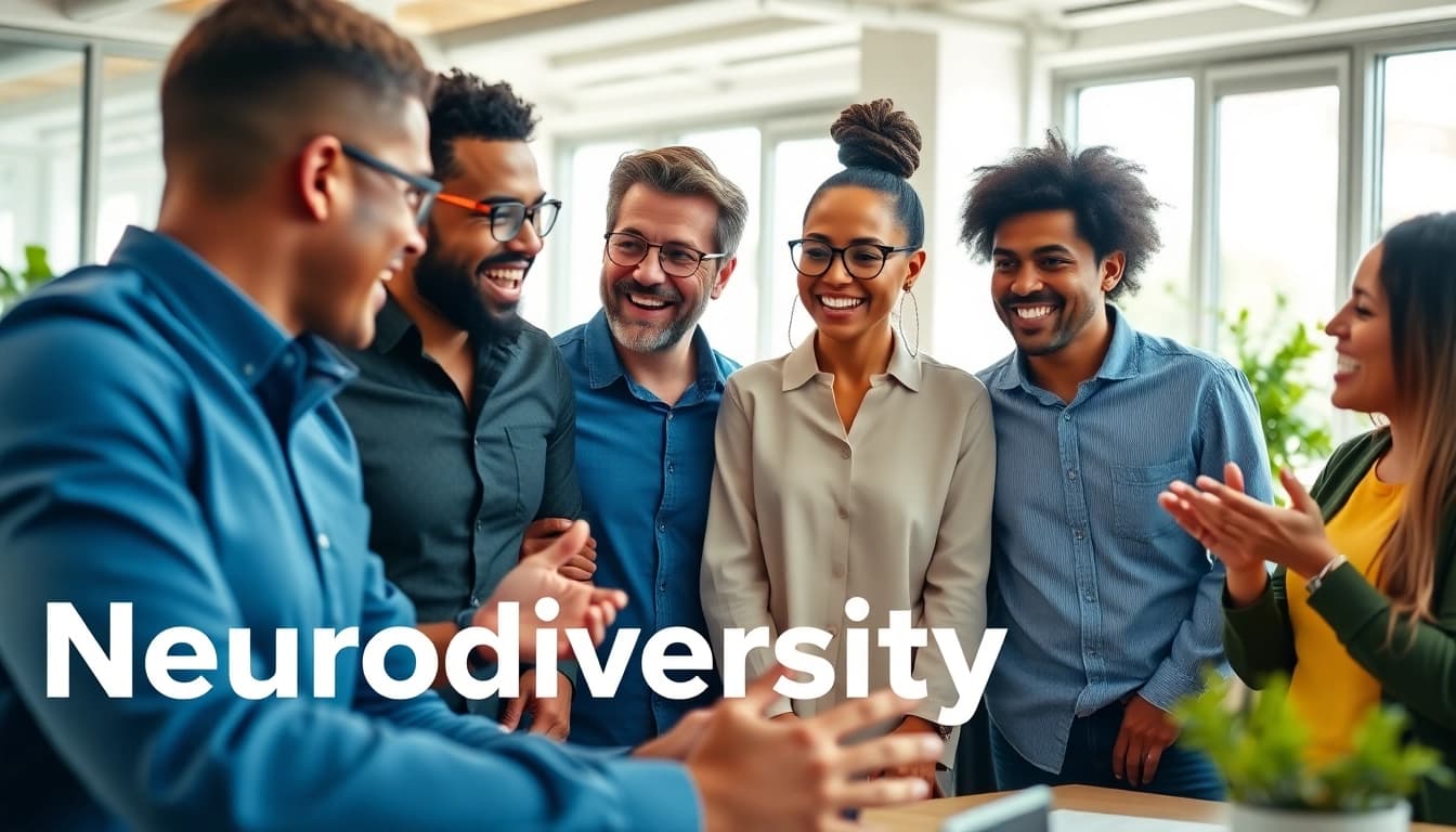 Enhancing workplace skills through neurodiversity training UK, showcasing collaboration in a modern office.