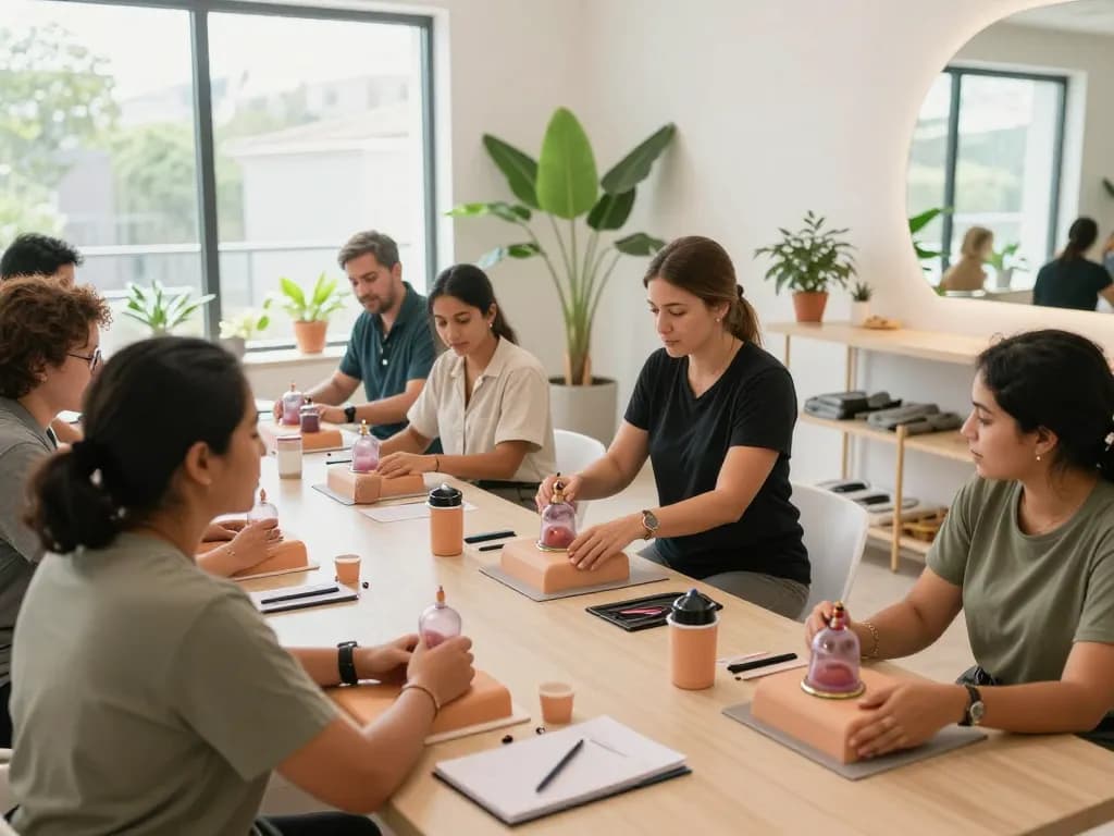 Engaged students learning hijama course UK techniques in a bright studio