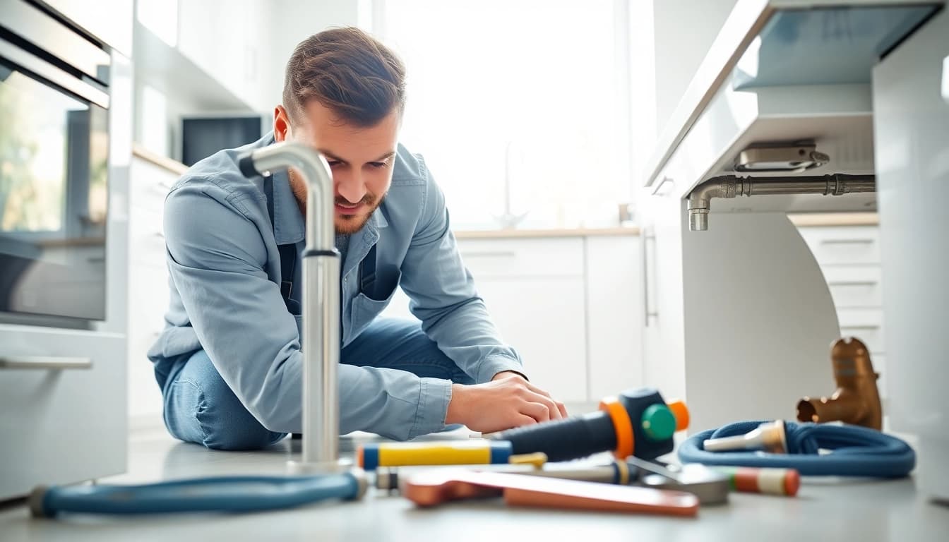 Skilled plumber near me repairing a pipe in a contemporary kitchen environment.