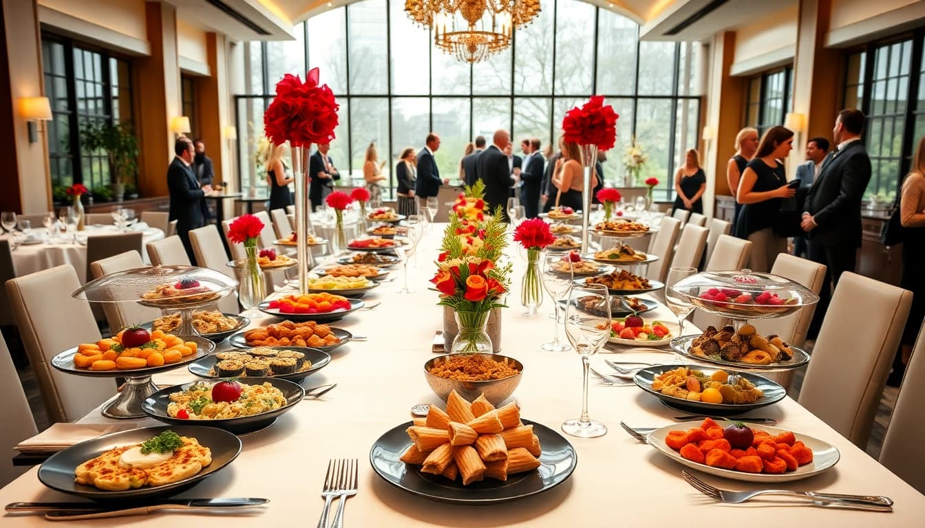 Cateringhirelondon presents an elegant banquet setup featuring gourmet dishes and exquisite table decor.