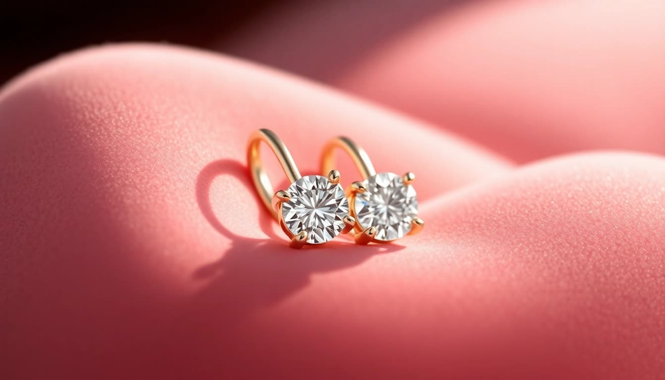 Showcase luxurious Valentine’s Day diamond cartilage earrings with sparkling details against a velvet backdrop.