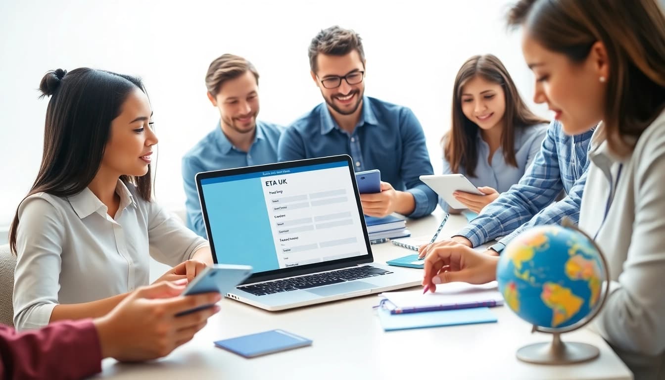 Individuals filling out the eta uk application form on digital devices in a professional environment.
