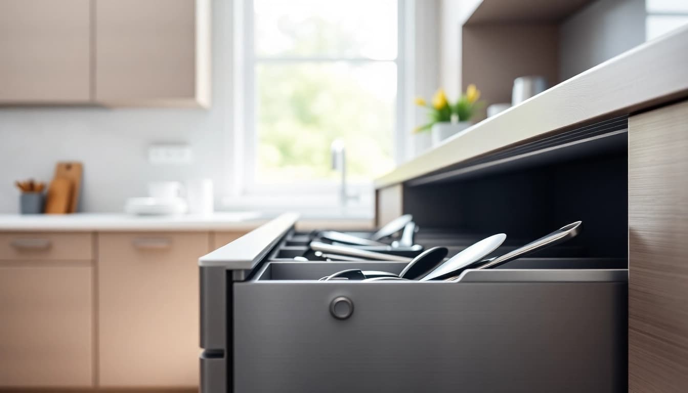 Showcasing a Metal Drawer System with organized utensils, emphasizing its modern design and functionality.