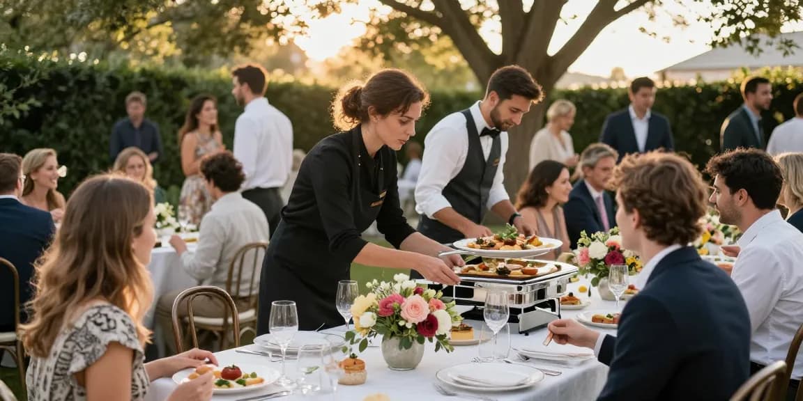 Catering Hire London outdoor event setup with elegant tables and guests enjoying food.