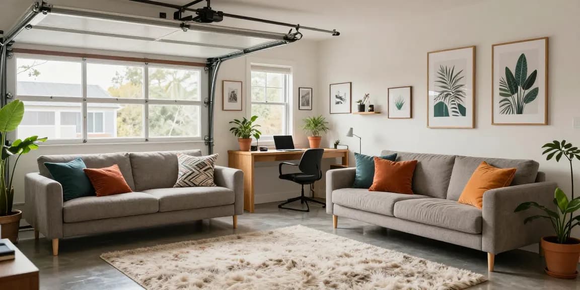 Garage conversions into a stylish living space with cozy lounge and home office.