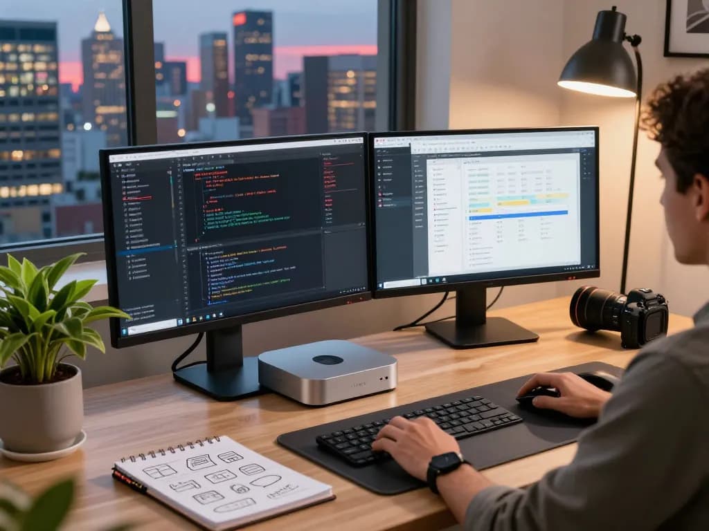 Efficient workspace featuring a Mac mini amidst coding interfaces, showcasing productivity and tech integration.