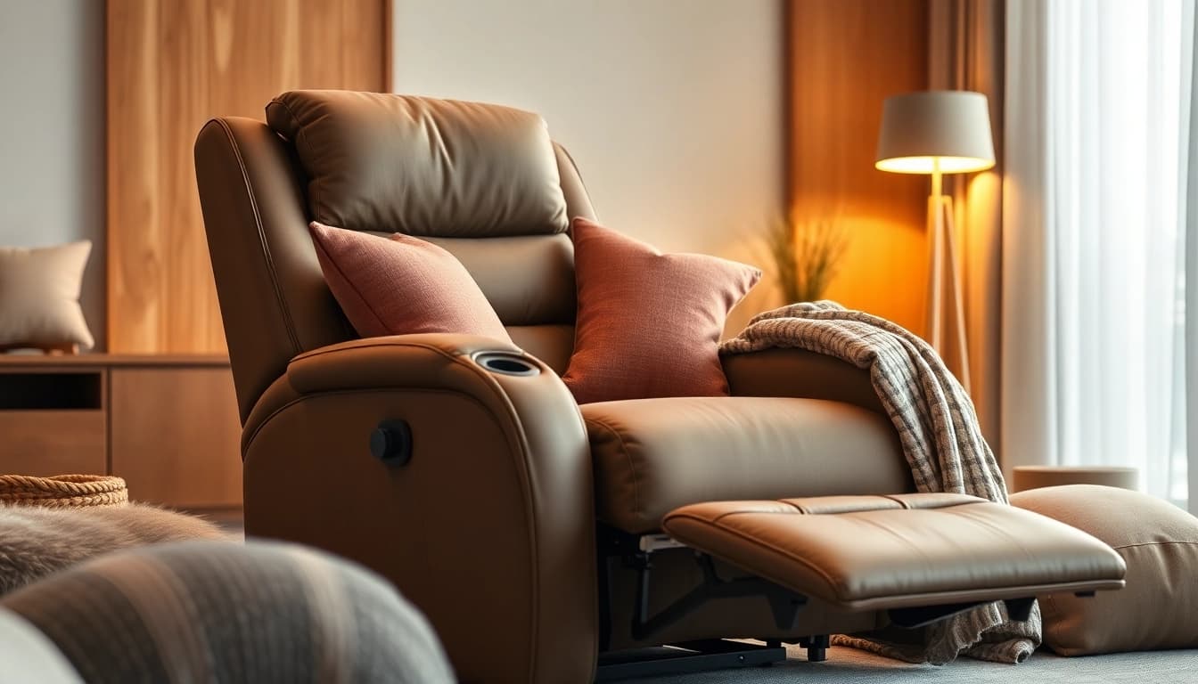 Enjoy a luxurious recliner chair with massage and heat, perfect for relaxation in a beautiful living room.