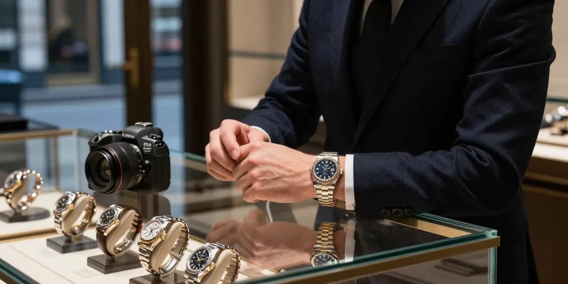 Look closely at the intricate details of a rolex replica worn by a stylish enthusiast in a luxury watch boutique.