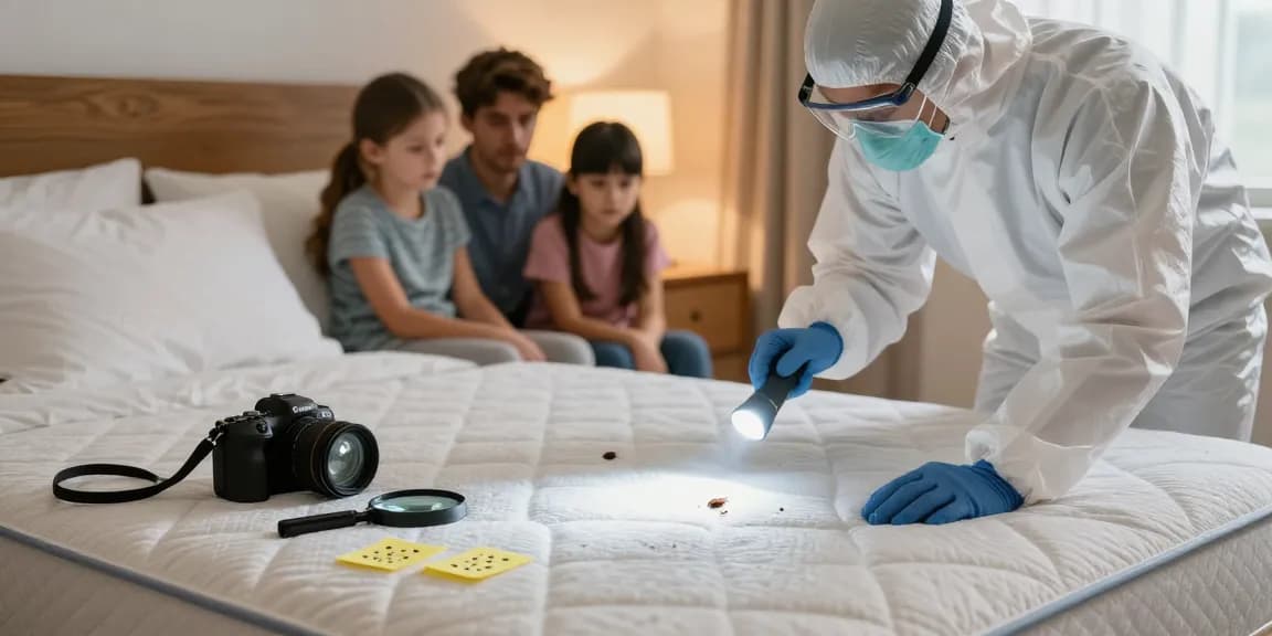 Bed bug exterminator inspecting a mattress for infestations in a family home.