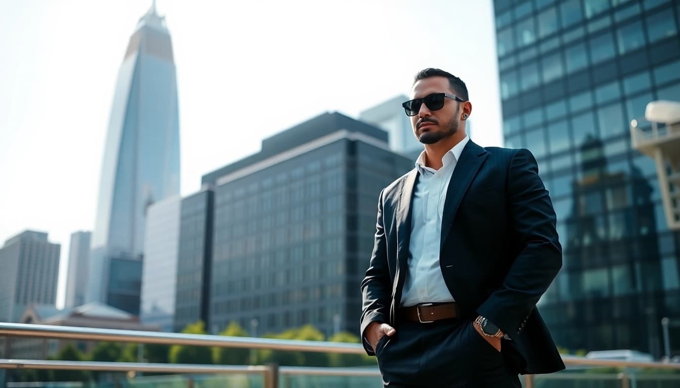 Bodyguard Service with a professional bodyguard standing vigilant in an urban setting
