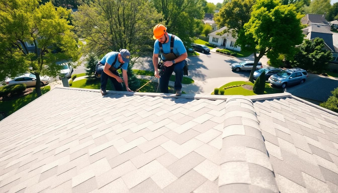 Roofers installing shingles in South Jersey, showcasing professional craftsmanship.