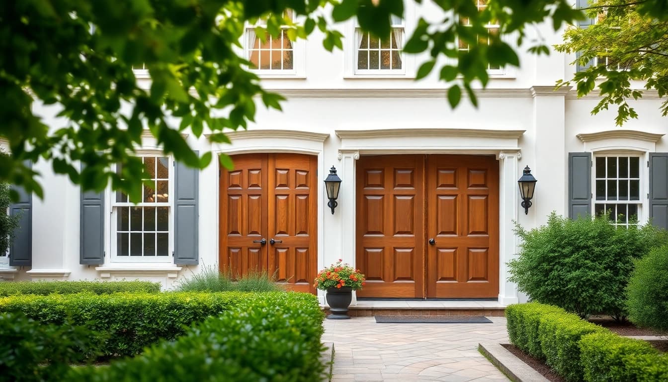 Colonial home renovation featuring an elegant entrance and lush greenery.