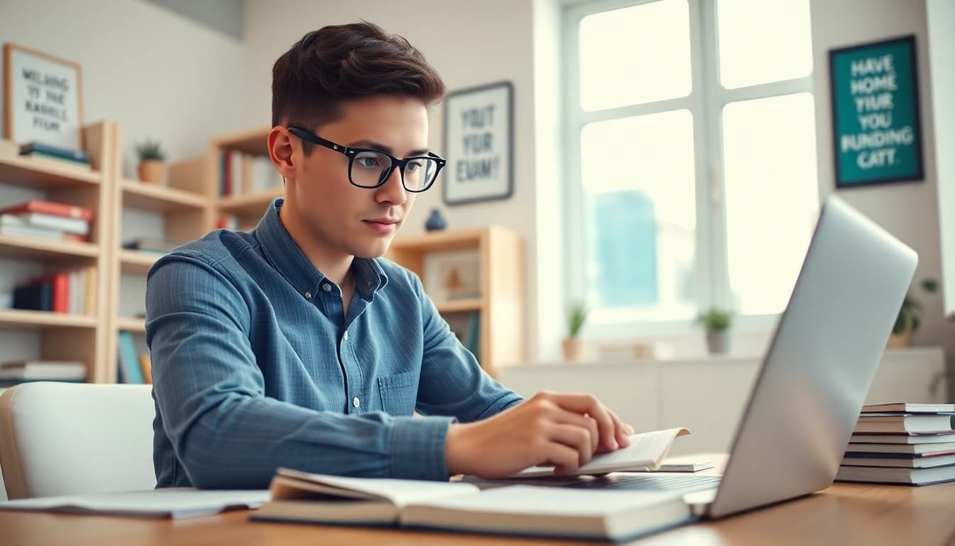 Student engaged with online exams help in a bright home office.