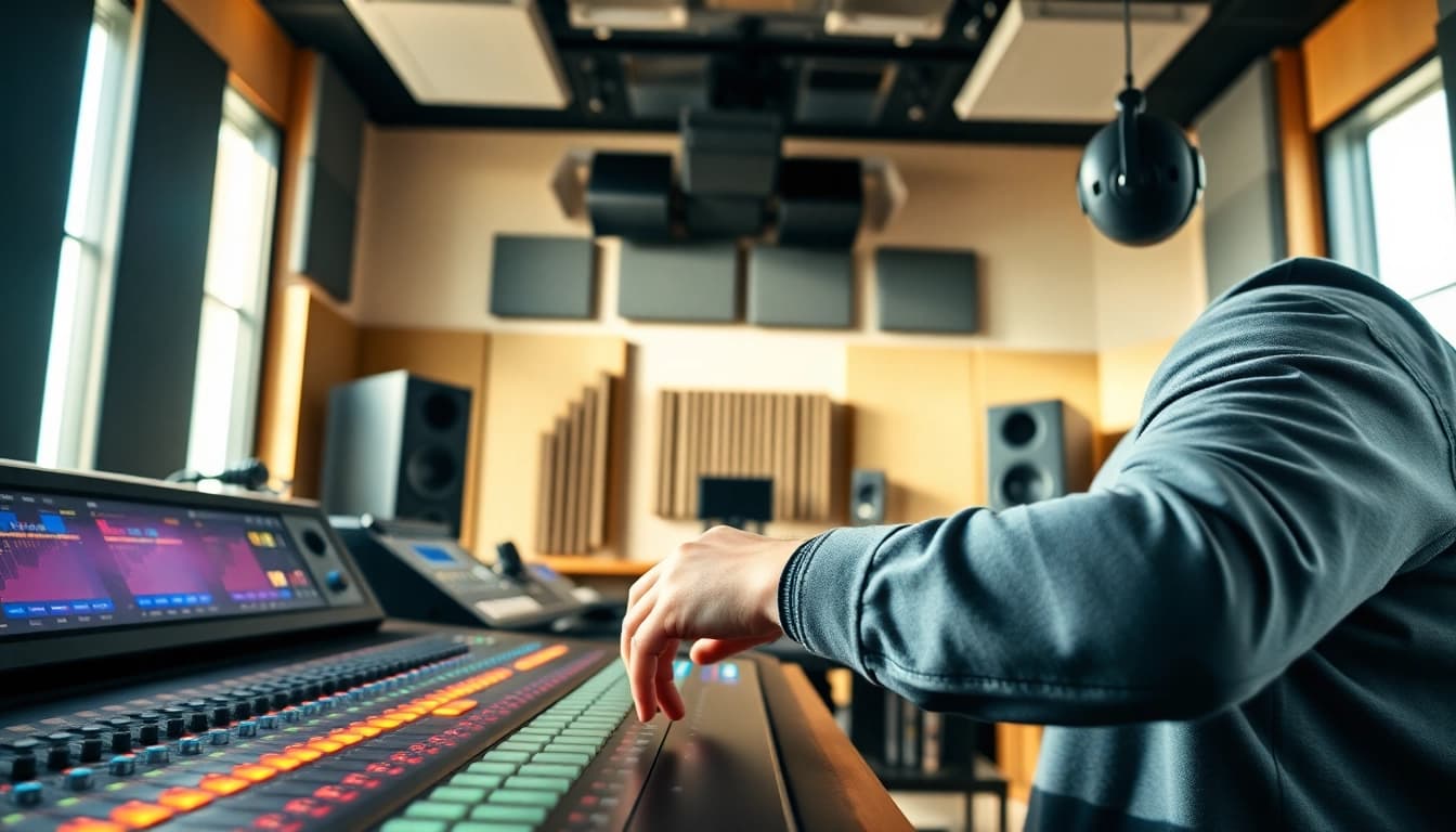 Expert using online mastering services in a modern studio environment.