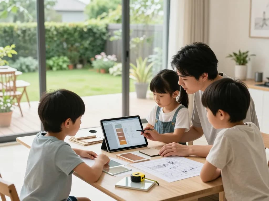 Family using a veranda configurator to design their perfect outdoor space with materials and plans.