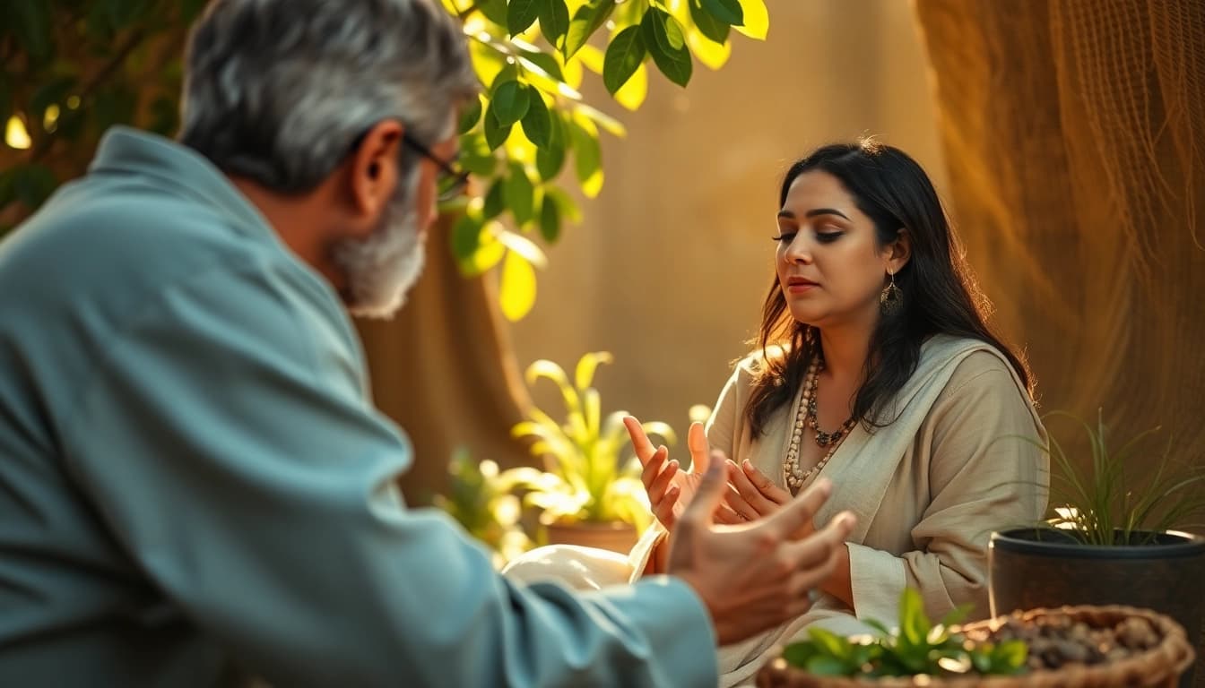 Engaging in Ayurveda Consultation with a healing environment and natural elements.
