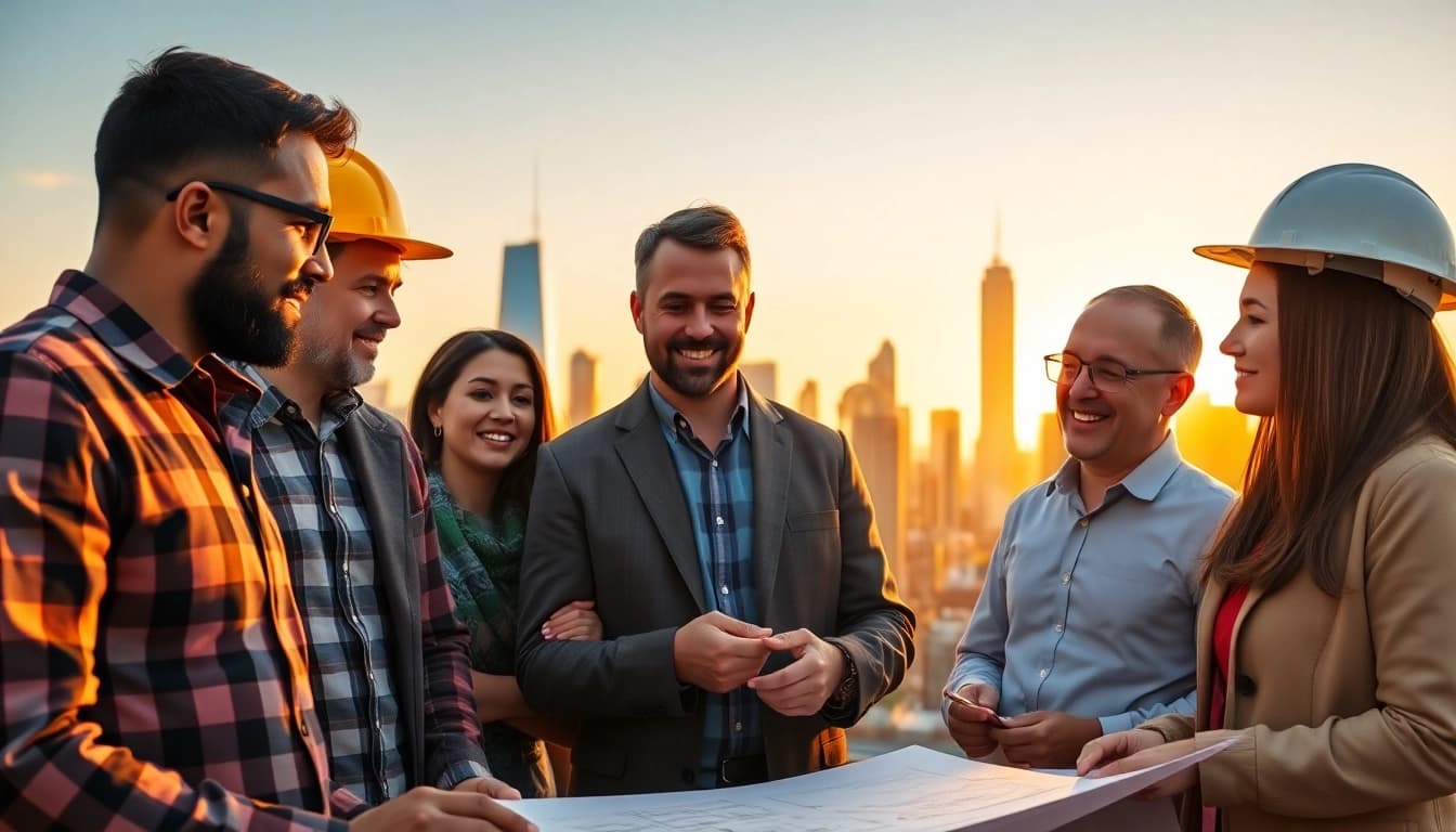 New York City General Contractor team strategizing on construction plans amidst an urban skyline.