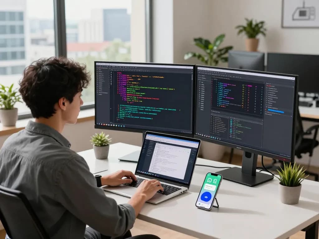 Developer using open claw AI assistant at modern desk with dual monitors and natural light.