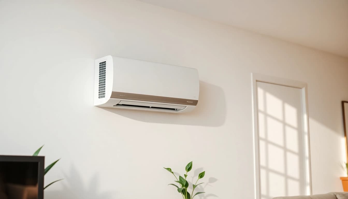 Install a mini split ac in a stylish modern room with natural light and greenery.