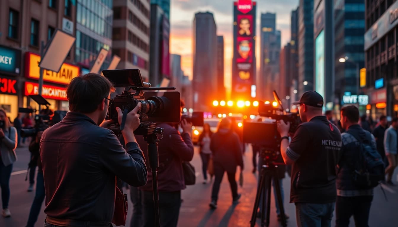 Video production agency capturing vibrant urban footage with a dynamic film crew.