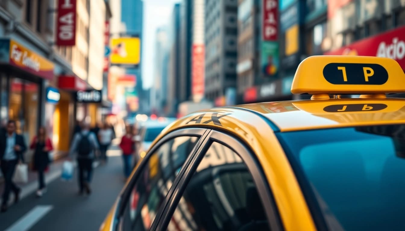 Catch a glimpse of a taxis navigating bustling urban streets, symbolizing convenience and availability.