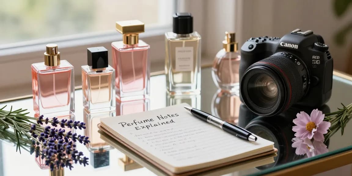 Perfume Notes Explained in an elegant still-life scene with diverse perfume bottles and fragrant herbs.