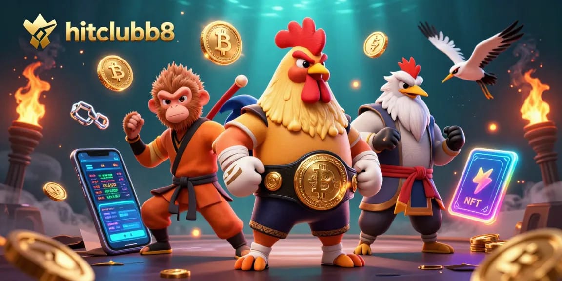 Engage with hitclubb8, featuring a fierce Muay Thai rooster and casino elements in vibrant 3D style.