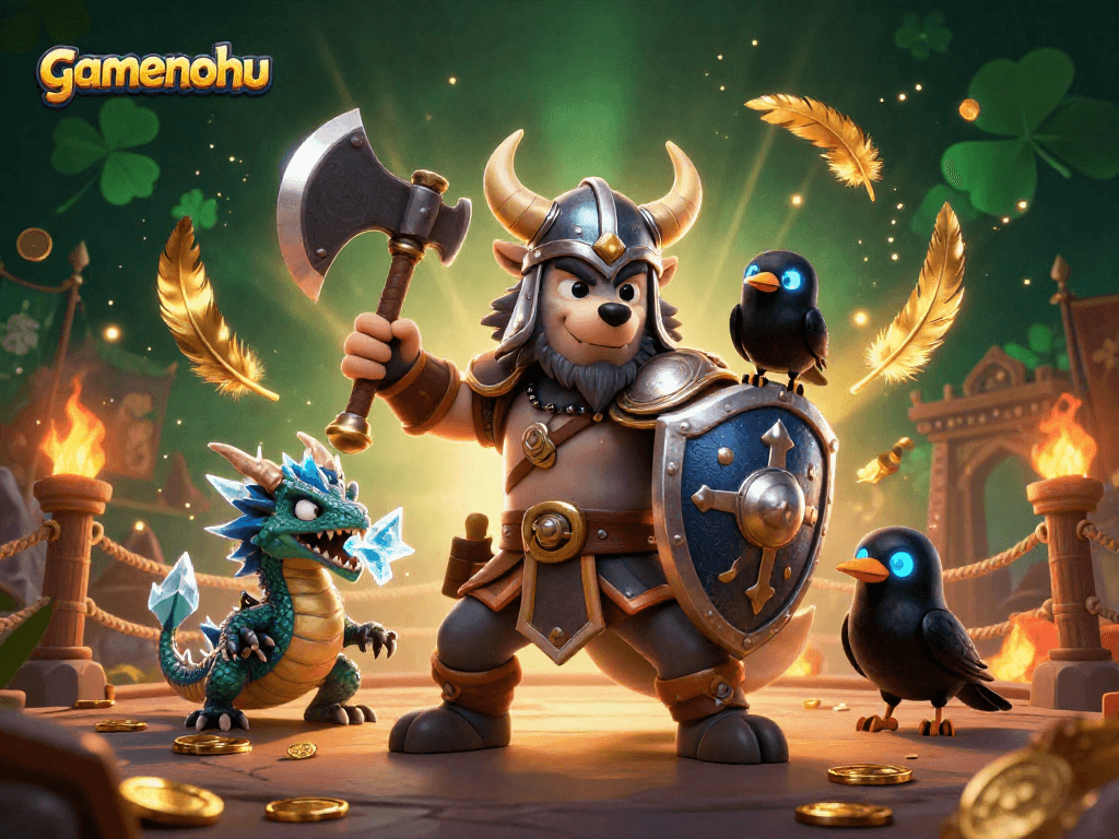 Experience thrilling adventures at gamenohu with a Viking wolf warrior, fierce dragon, and magical casino elements.