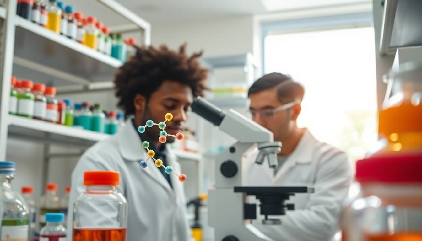 Explore Peptides research with a scientist examining structures in a vibrant lab environment.