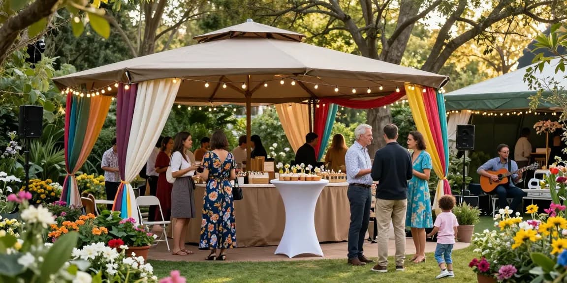 Enjoying a vibrant garden party under a stylish pop-up gazebo from https://www.gazebohirelondon.co.uk/ with joyful guests and beautiful decor.