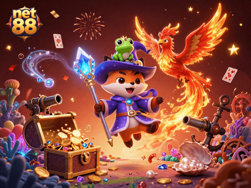 Win big with net 88: Explore treasure-filled underwater realms in this lively casino illustration.