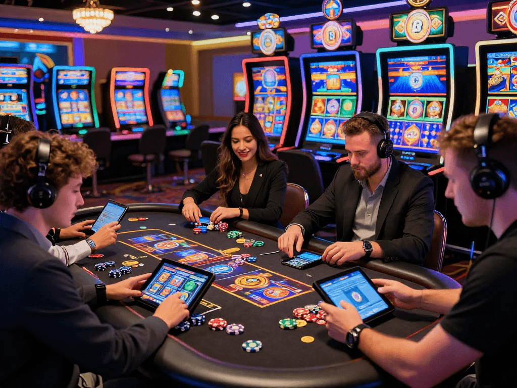 Exciting gaming experience at non UK casinos with vibrant players and colorful slot machines.