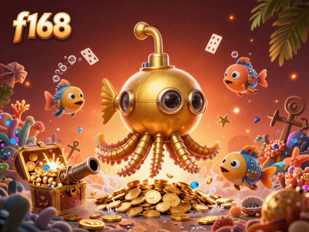 Experience the thrill of winning at f168 with a vibrant underwater scene featuring a golden kraken and treasure.