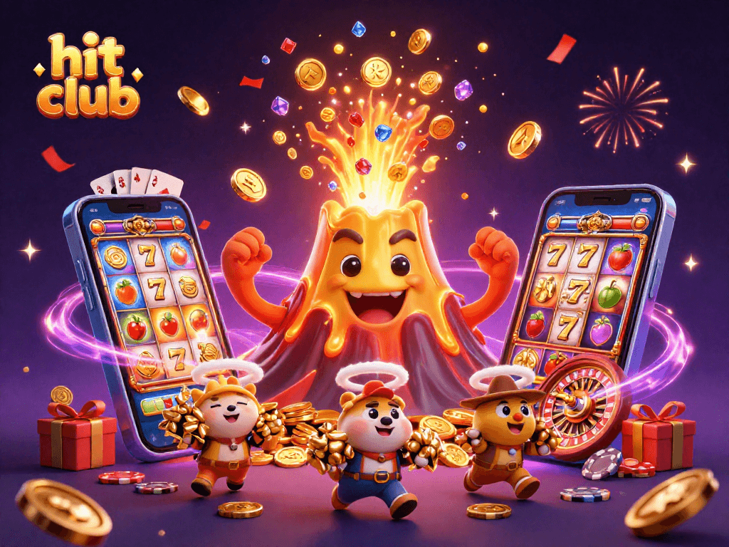 Experience the excitement of hit club with our golden volcano unleashing treasures in this vibrant casino scene.