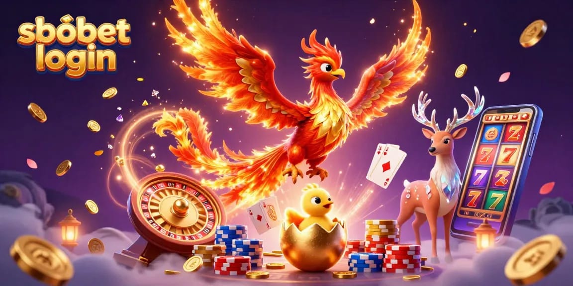 Experience sbobet login with vibrant phoenixes and casino elements in an exciting 3D illustration.