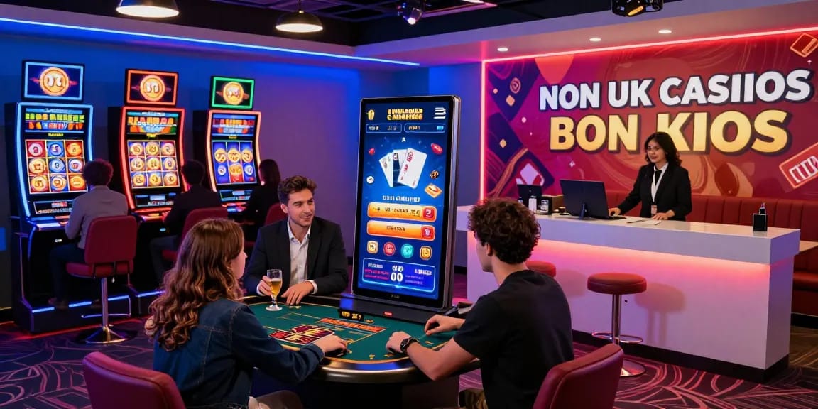 Players enjoying live dealer games and slots at non UK casinos amidst a lively gaming lounge atmosphere.