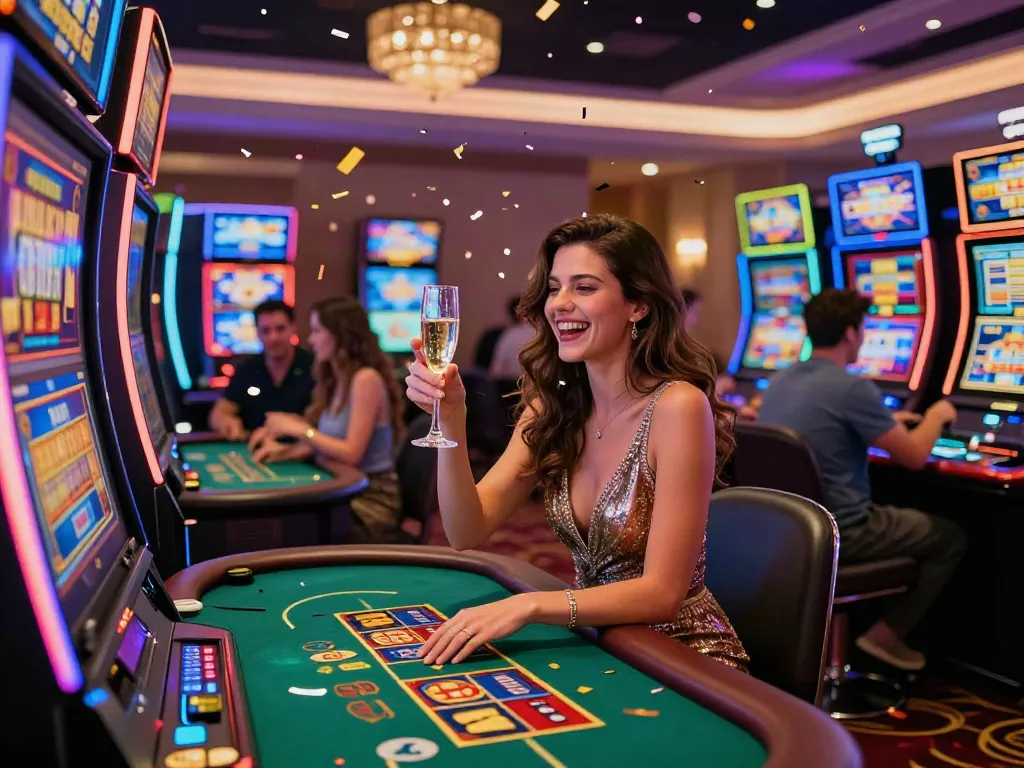 Celebrating at non GamStop casinos with vibrant atmosphere and joyous players.