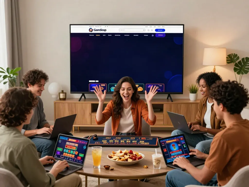 Excited friends enjoying non GamStop casinos in a cozy living room.