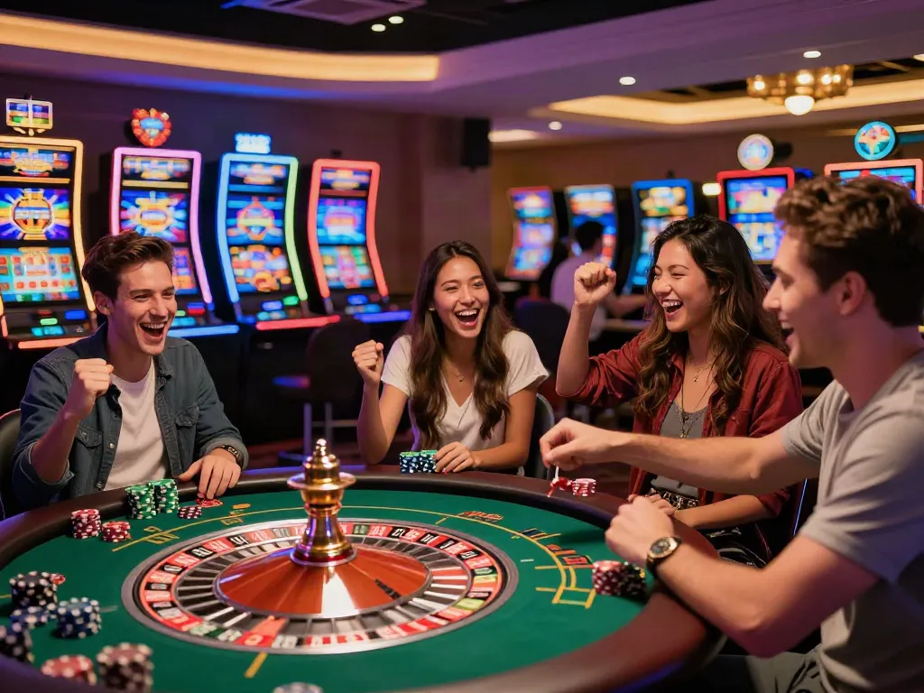 Social gaming atmosphere at non gamstop casinos with friends celebrating wins.