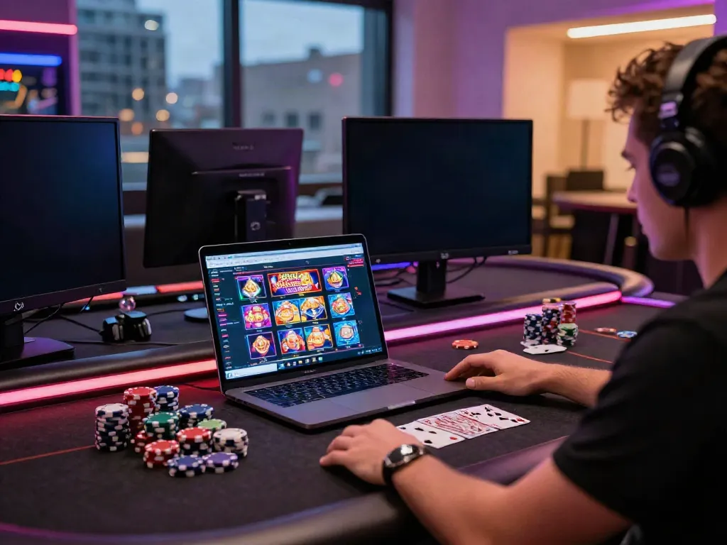 Engaging online gaming setup showcasing non GamStop casinos with colorful slot games and poker chips.