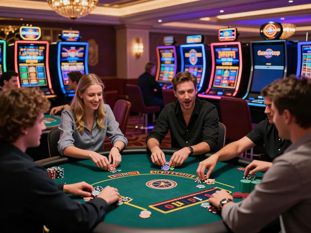 Players reveling in non GamStop casinos at a glamorous online gaming venue, winning and celebrating.
