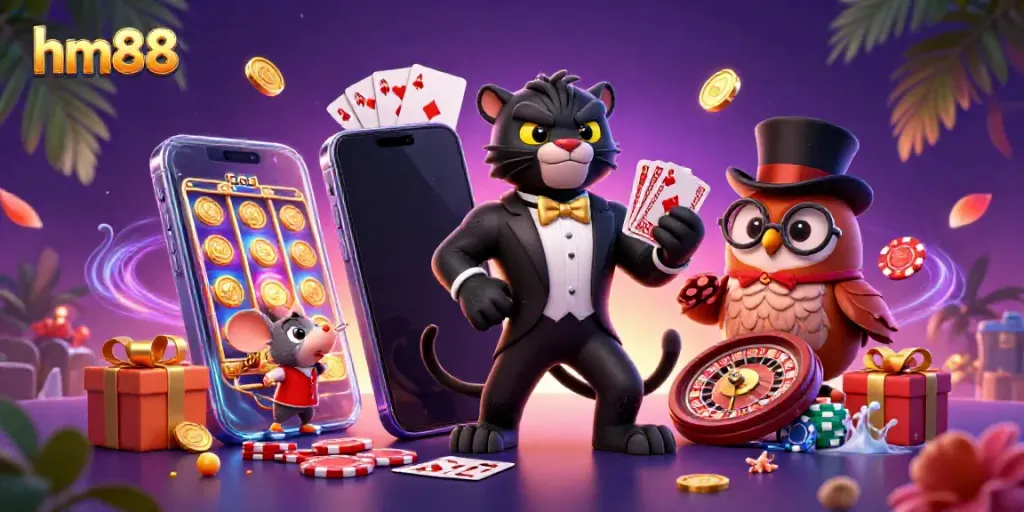 Experience the thrilling atmosphere of hm88 casino with elegant characters and vibrant gaming elements.