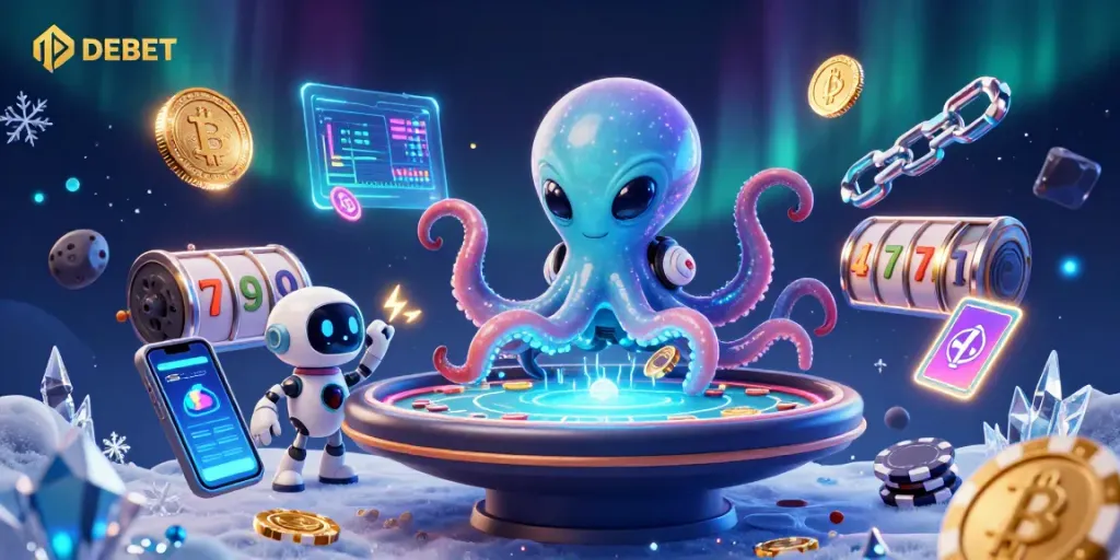 Engage in thrilling gambling experiences with DEBET at a holographic poker table.