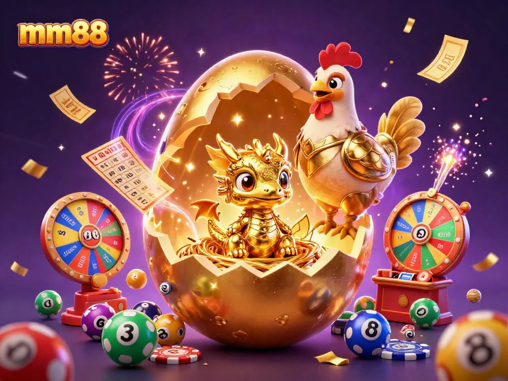 Experience mm88's thrilling moment with a golden dragon revealing poker treasures amid a vibrant casino scene.