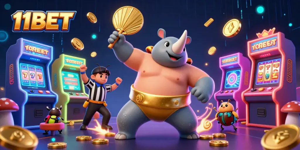 Win big with 11BET: a dynamic 3D scene featuring betting champions and casino elements.